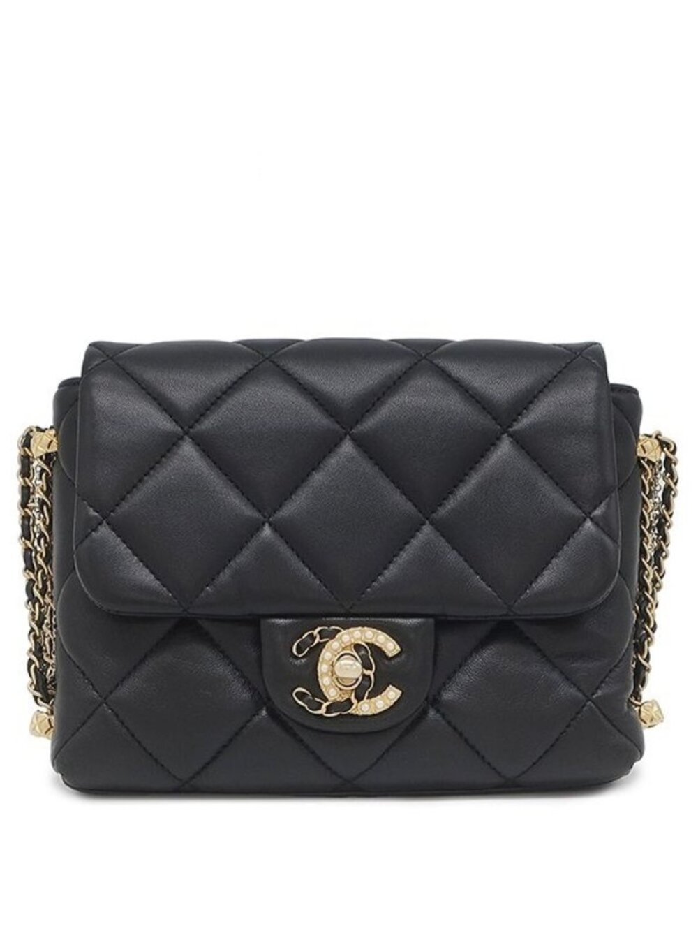 Chanel Shoulder Bag Quilted Pearl CC Logo Lambskin Black Vintage Chain